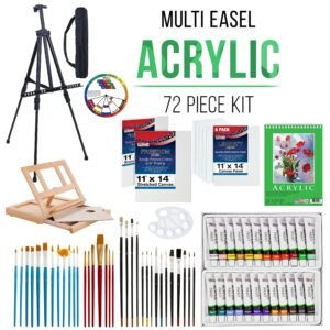 U.S. Art Supply 72-Piece Artist Acrylic Painting Set with Aluminum Field Easel, Wood Table Easel, 24 Acrylic Paint Colors, 34 Brushes, 2 Stretched Canvases, 6 Canvas Panels, Painting Pad, 2 Palettes