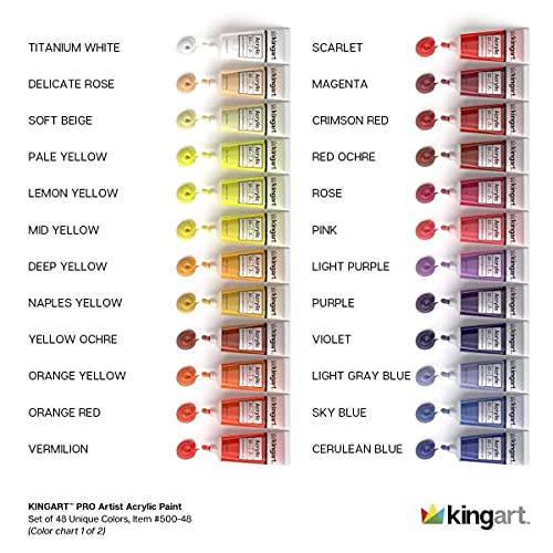 KINGART 500-48 PRO Artist Quality 48 Pc. Acrylic Paint Set, 22ml (0.74oz) Tubes, Set of 48 Unique, Highly Pigmented Colors