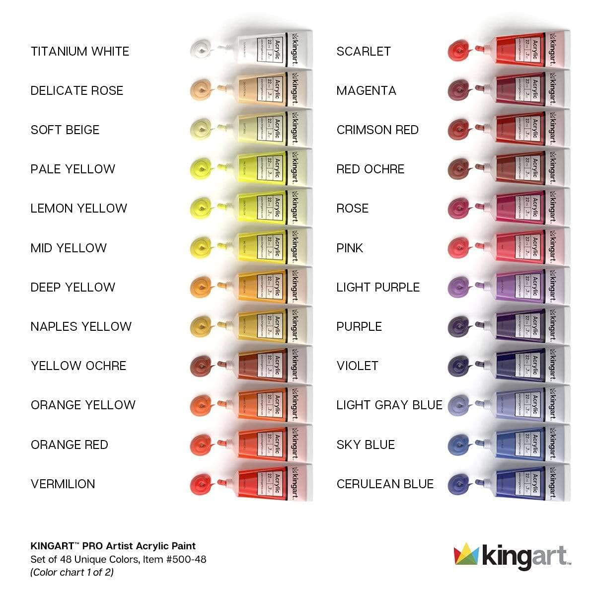 KINGART 500-48 PRO Artist Quality 48 Pc. Acrylic Paint Set, 22ml (0.74oz) Tubes, Set of 48 Unique, Highly Pigmented Colors