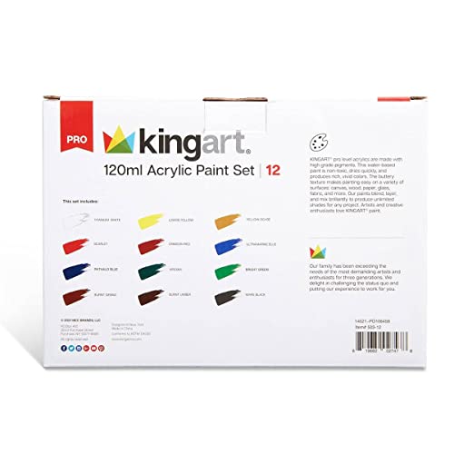 KINGART PRO Artist Acrylic Paint, 120ml (4.06oz), Set of 12 Unique Colors