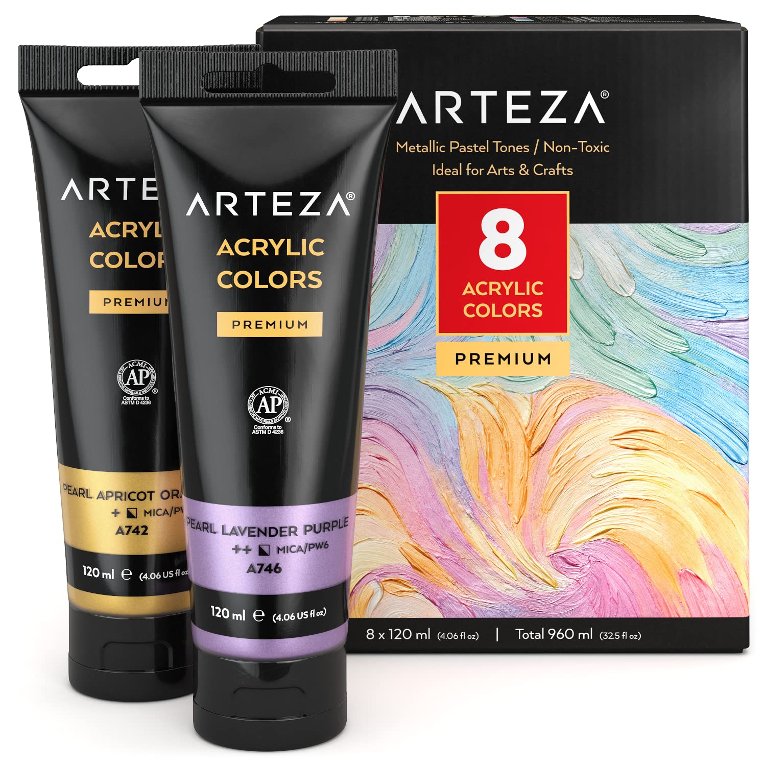ARTEZA Pastel Acrylic Paint, Set of 8, Metallic Tones, 4.06 fl oz Tubes, High Viscosity Water-Based Paint, Glossy Finish, Art Supplies for Painting Paper, Canvas, Wood and Fabric, and DIY Projects