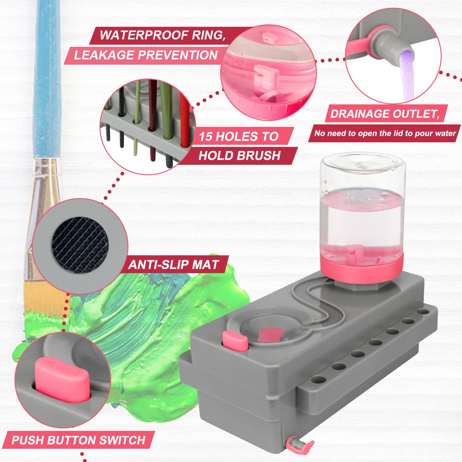 Upgrade Paint Brush Cleaner with Holder, Water Cycle Brush Rinser for Acrylic, Watercolor, and Water-Based Paints(Pink+Grey)