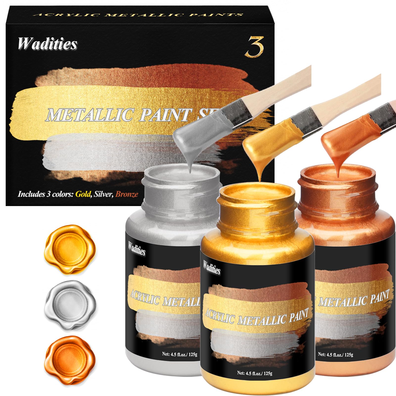 Wadities Acrylic Paint Metallic, 3pcs 13.5oz(375g) Gold & Silver & Bronze, Gold Leaf Paint for Art Painting, Ideal for Canvas, Wood, Clay, Fabric, Ceramic, Stone, Glass Craft Supplies