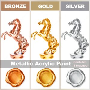 Wadities Acrylic Paint Metallic, 3pcs 13.5oz(375g) Gold & Silver & Bronze, Gold Leaf Paint for Art Painting, Ideal for Canvas, Wood, Clay, Fabric, Ceramic, Stone, Glass Craft Supplies