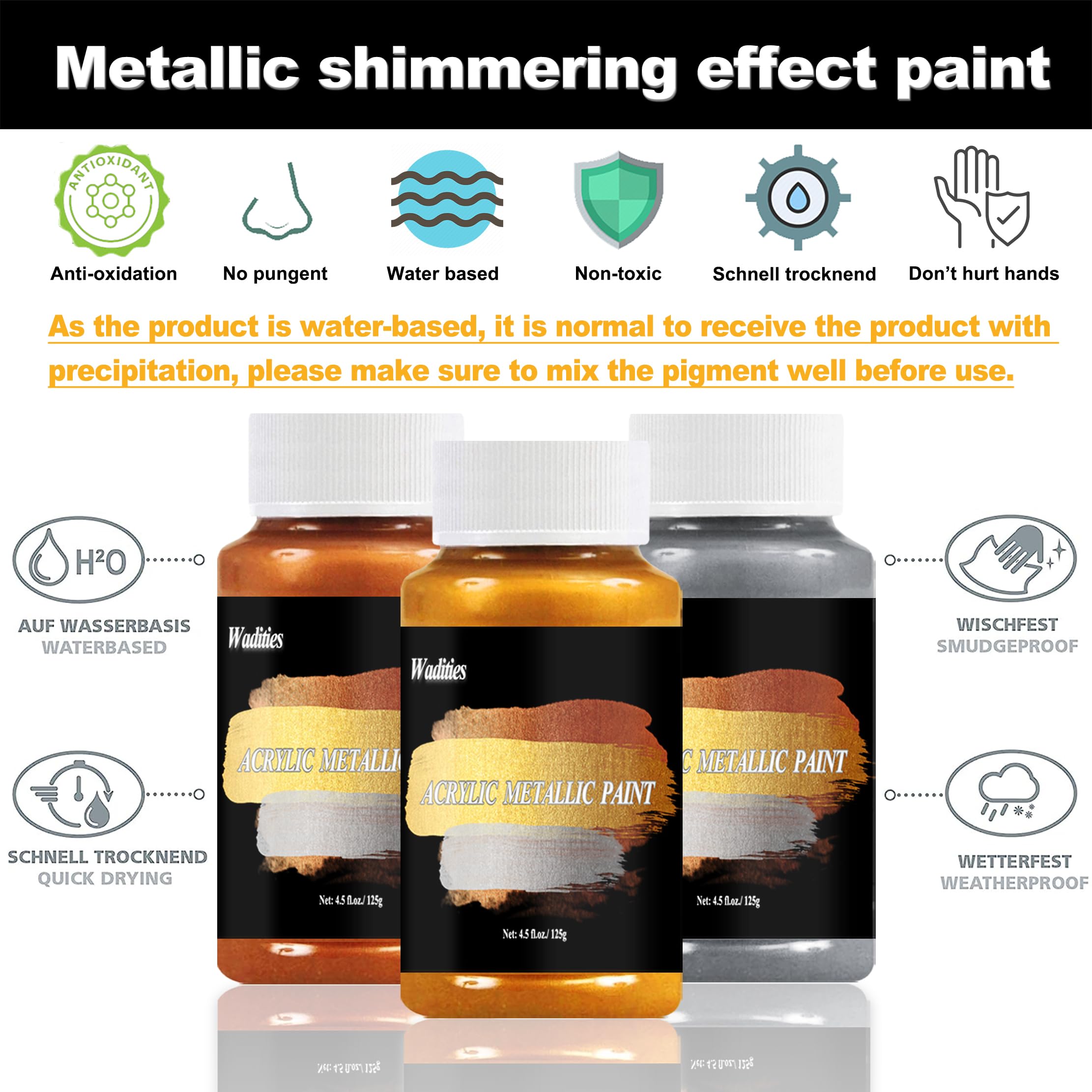 Wadities Acrylic Paint Metallic, 3pcs 13.5oz(375g) Gold & Silver & Bronze, Gold Leaf Paint for Art Painting, Ideal for Canvas, Wood, Clay, Fabric, Ceramic, Stone, Glass Craft Supplies