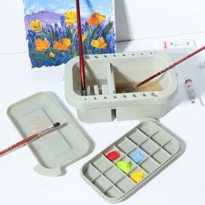 WUWEOT 3 Pack Multi-Use Paint Brush Basin Paint Brush Tub, Plastic Paint Brush Washer, Cleaner and Holder, 18 Palette Wells, Lid for Indoor Outdoor Watercolor Oil Acrylic Gouache Painting