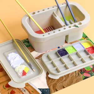 WUWEOT 3 Pack Multi-Use Paint Brush Basin Paint Brush Tub, Plastic Paint Brush Washer, Cleaner and Holder, 18 Palette Wells, Lid for Indoor Outdoor Watercolor Oil Acrylic Gouache Painting