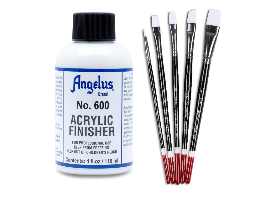 Angelus Acrylic Leather Paint Finisher No. 600-4oz and 5 Piece Paint Brush Set Combo Bundle