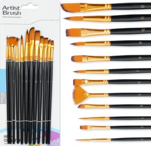 mayyaya 12 pieces crafts artist paint brushes set - nylon bristles with round, filbert, flat, fan, angle, fine detail brush for artists and beginners- acrylic painting, oil, watercolor (black)