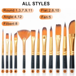 MAYYAYA 12 Pieces Crafts Artist Paint Brushes Set - Nylon Bristles with Round, Filbert, Flat, Fan, Angle, Fine Detail Brush for Artists and Beginners- Acrylic Painting, Oil, Watercolor (Black)