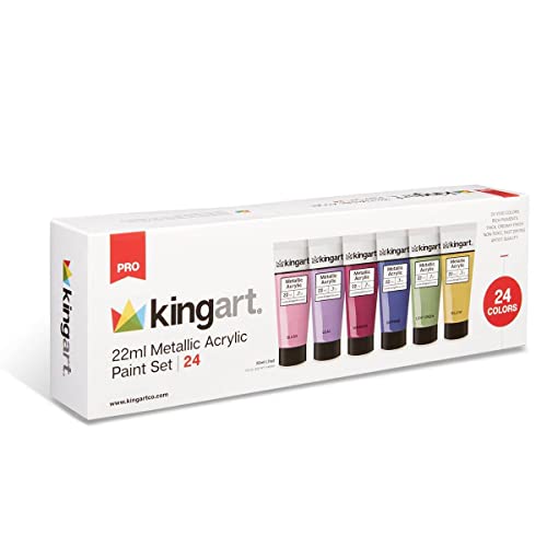 KINGART Metallic Acrylic Paint, Set of 24 Colors, 0.74 oz/22 ml Tubes with Storage Box, Rich Pigments, Non Fading, Non Toxic Paints for Artist & Hobby Painters, Art Supplies for Canvas Painting