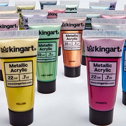 KINGART Metallic Acrylic Paint, Set of 24 Colors, 0.74 oz/22 ml Tubes with Storage Box, Rich Pigments, Non Fading, Non Toxic Paints for Artist & Hobby Painters, Art Supplies for Canvas Painting