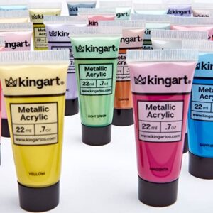 KINGART Metallic Acrylic Paint, Set of 24 Colors, 0.74 oz/22 ml Tubes with Storage Box, Rich Pigments, Non Fading, Non Toxic Paints for Artist & Hobby Painters, Art Supplies for Canvas Painting