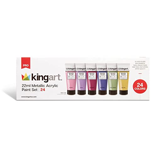 KINGART Metallic Acrylic Paint, Set of 24 Colors, 0.74 oz/22 ml Tubes with Storage Box, Rich Pigments, Non Fading, Non Toxic Paints for Artist & Hobby Painters, Art Supplies for Canvas Painting