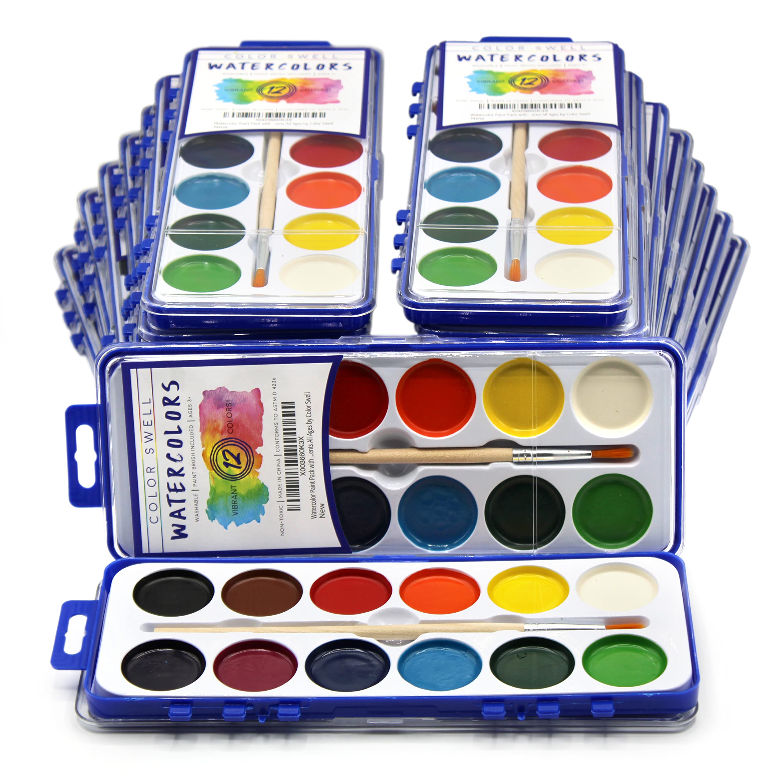 18 Set Bulk Watercolor Paint Pack with Wood Brushes 12 Washable Colors with 25% More Paint