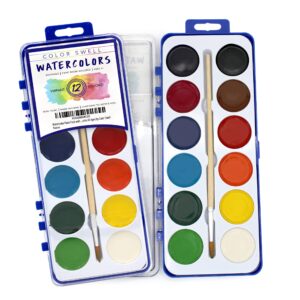 18 Set Bulk Watercolor Paint Pack with Wood Brushes 12 Washable Colors with 25% More Paint