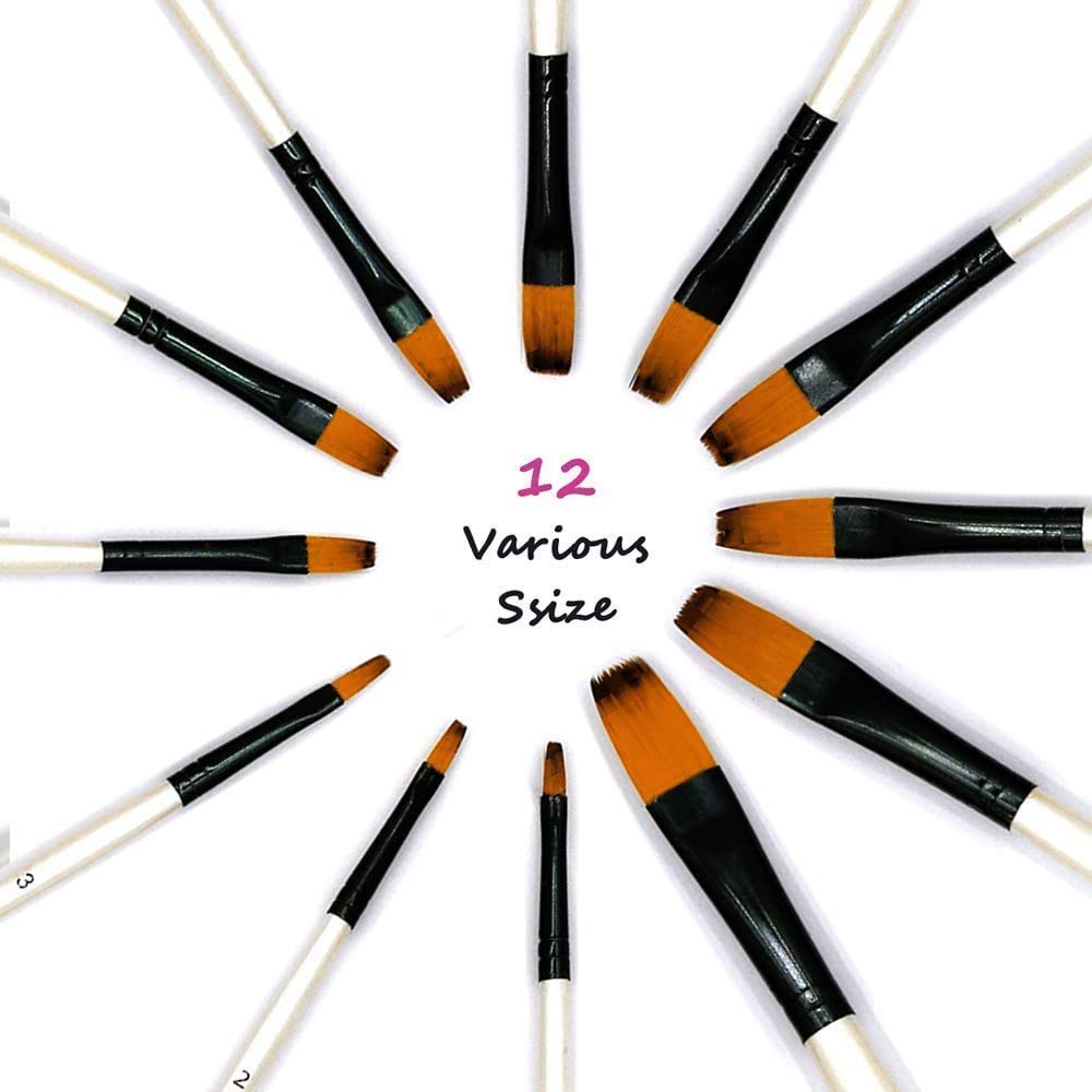 GETHPEN Art Paint Brushes Set, 12 PCS Nylon Professional Flat Paint Brushes for Watercolor, Oil Painting, Acrylic, Face Body Nail Art, Crafts, Rock Painting