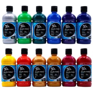 mont marte signature acrylic color paint set, 12 x 16.9oz (500ml), semi-matte finish, 12 vibrant colors, suitable for canvas, wood, fabric, leather, cardboard, paper, mdf and crafts