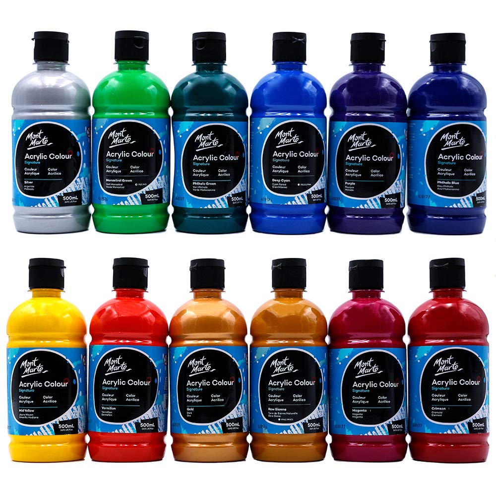 Mont Marte Signature Acrylic Color Paint Set, 12 x 16.9oz (500ml), Semi-Matte Finish, 12 Vibrant Colors, Suitable for Canvas, Wood, Fabric, Leather, Cardboard, Paper, MDF and Crafts