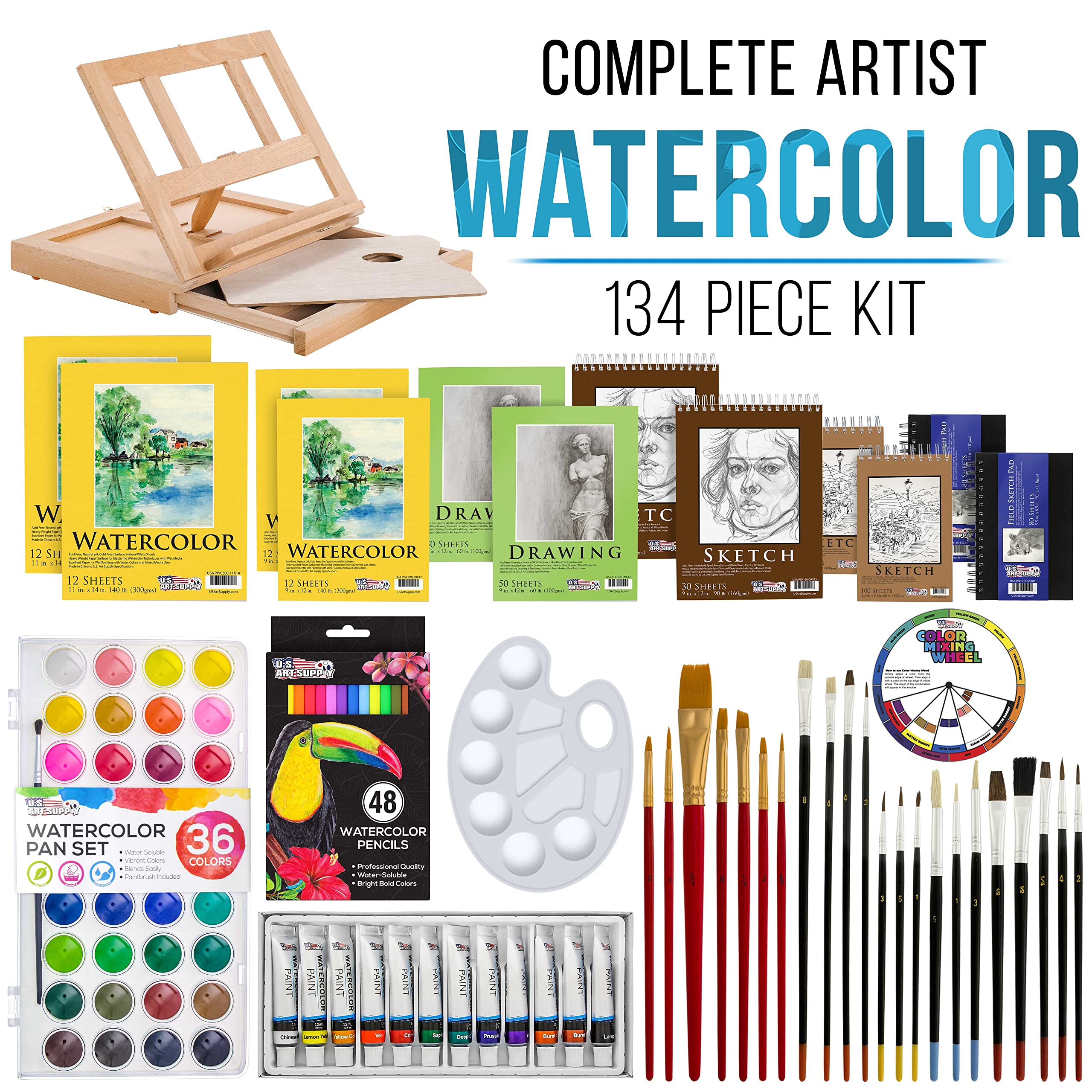 US Art Supply 136-Piece Deluxe Watercolor Painting & Sketch Drawing Set with Wood Drawer Table Easel - Colored Pencils, Watercolor Paint, Sketchbook, Drawing Paper Pads, Brushes, Pallete