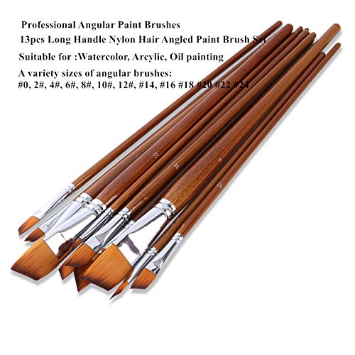 Paint Brushes Nylon Hair Angular Brushes 13pcs Long Handle Acrylic Paint Brush Set for Canvas Painting Oil Paint Professional Painting Kits (Angular 13pcs Longer Handle)