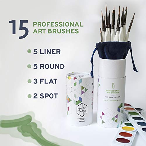 Color Starter Miniature Paint Brushes Detail Set-15 pc Fine Detail Paint Brush Kit with Ergonomic Handle for Scale Modeling, Watercolor, Acrylic, Paint by Number, Oil, Craft, Hobby, and Rock Painting