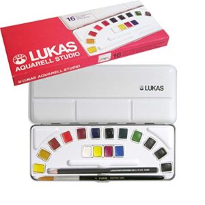 lukas aquarell artist studio watercolor paint set - professional, includes a travel friendly outdoor painting case, hb pencil, water color paint brush and color mixing palette - 16 brilliant colors