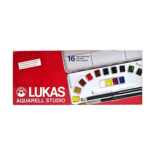 Lukas Aquarell Artist Studio Watercolor Paint Set - Professional, Includes a Travel Friendly Outdoor Painting Case, HB Pencil, Water Color Paint Brush and Color Mixing Palette - 16 Brilliant Colors