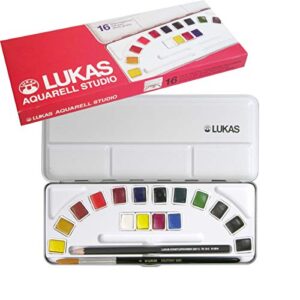 Lukas Aquarell Artist Studio Watercolor Paint Set - Professional, Includes a Travel Friendly Outdoor Painting Case, HB Pencil, Water Color Paint Brush and Color Mixing Palette - 16 Brilliant Colors