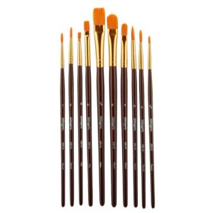 KINGART 250-10 Acrylic Art Paint Brush Set, 10 Round & Flat Brown Nylon Short Handle Brushes for Acrylic, Oil, and Watercolor, Rock Painting, Face Painting, Canvas, Ceramic, Craft and Hobby