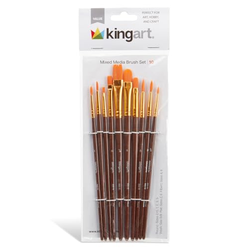 KINGART 250-10 Acrylic Art Paint Brush Set, 10 Round & Flat Brown Nylon Short Handle Brushes for Acrylic, Oil, and Watercolor, Rock Painting, Face Painting, Canvas, Ceramic, Craft and Hobby