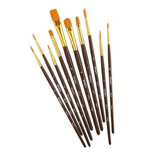 KINGART 250-10 Acrylic Art Paint Brush Set, 10 Round & Flat Brown Nylon Short Handle Brushes for Acrylic, Oil, and Watercolor, Rock Painting, Face Painting, Canvas, Ceramic, Craft and Hobby