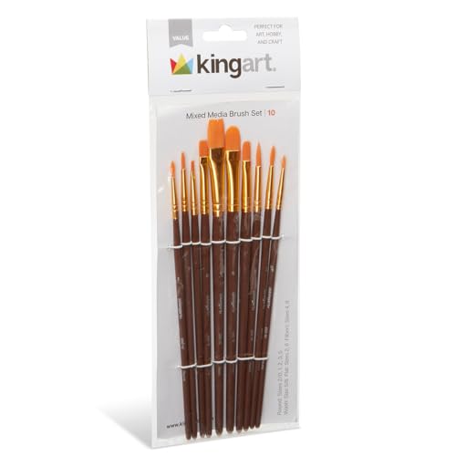 KINGART 250-10 Acrylic Art Paint Brush Set, 10 Round & Flat Brown Nylon Short Handle Brushes for Acrylic, Oil, and Watercolor, Rock Painting, Face Painting, Canvas, Ceramic, Craft and Hobby
