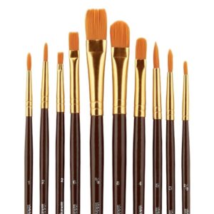 KINGART 250-10 Acrylic Art Paint Brush Set, 10 Round & Flat Brown Nylon Short Handle Brushes for Acrylic, Oil, and Watercolor, Rock Painting, Face Painting, Canvas, Ceramic, Craft and Hobby