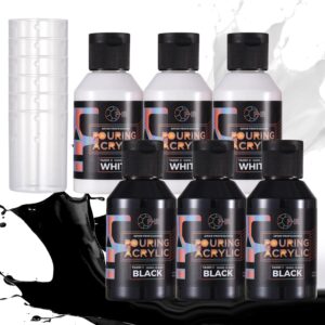 OPHIR Acrylic Pour Paint Set 22.8OZ, 3 Black & 3 White Premixed Acrylic Pouring Paint Supplies for Canvas, Rocks, Wood, Glass, Paper, Tile, Crafts and Stones