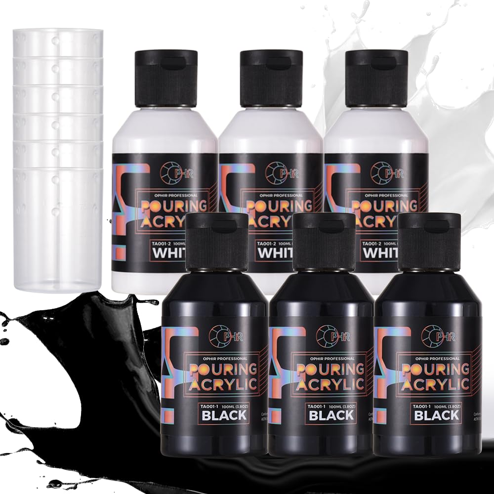 OPHIR Acrylic Pour Paint Set 22.8OZ, 3 Black & 3 White Premixed Acrylic Pouring Paint Supplies for Canvas, Rocks, Wood, Glass, Paper, Tile, Crafts and Stones