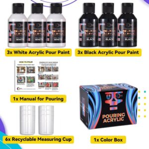 OPHIR Acrylic Pour Paint Set 22.8OZ, 3 Black & 3 White Premixed Acrylic Pouring Paint Supplies for Canvas, Rocks, Wood, Glass, Paper, Tile, Crafts and Stones