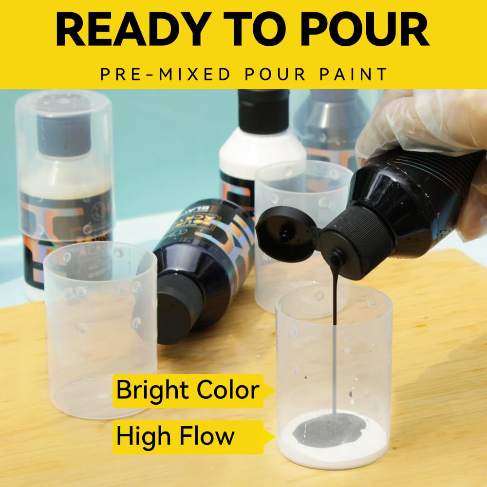 OPHIR Acrylic Pour Paint Set 22.8OZ, 3 Black & 3 White Premixed Acrylic Pouring Paint Supplies for Canvas, Rocks, Wood, Glass, Paper, Tile, Crafts and Stones