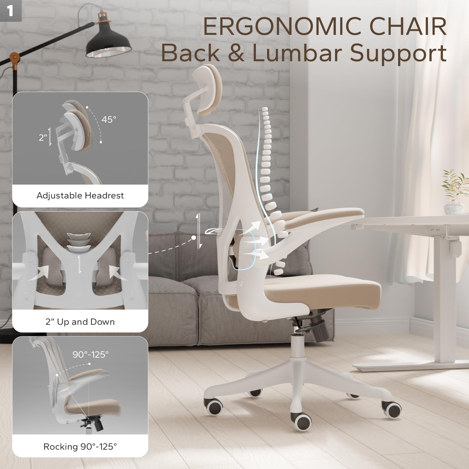 SICHY AGE Ergonomic Office Chair Home Desk Office Chair with Adjustable Headrest & Cushion for Lumbar Support, High Back Computer Chair with Thickened Cushion Desk Chairs Khaki