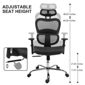 Ergonomic Office Chair, High Back Mesh Chair Computer Desk Chair with Lumbar Support and 3D Adjustable Headrest and Armrests for Home Office, Conference Room, Reception Room, Gaming Room (Dark Black)