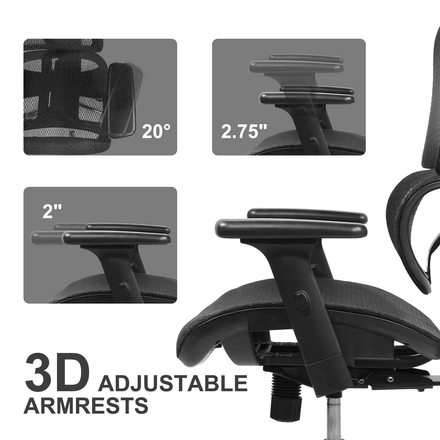 Ergonomic Office Chair, High Back Mesh Chair Computer Desk Chair with Lumbar Support and 3D Adjustable Headrest and Armrests for Home Office, Conference Room, Reception Room, Gaming Room (Dark Black)