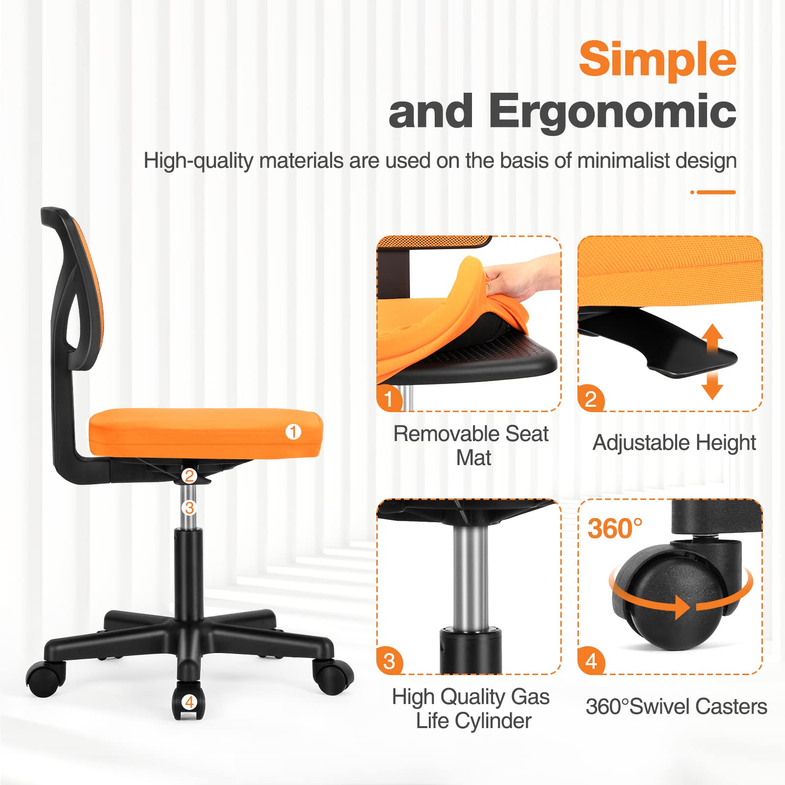 Armless Small Home Office Desk Chair, Ergonomic Low Back Computer Chair, Adjustable Rolling Swivel Task Chair with Lumbar Support for Small Space, 1 Pack, Orange