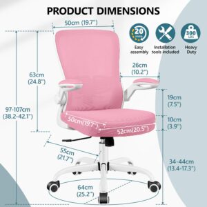 MINLOVE Office Chair Ergonomic Desk Chair with Adjustable Lumbar Support and Height, 90° Flip-up Armrests, Ergo Desk Chairs with Wheels, Home Work Use (Pink)