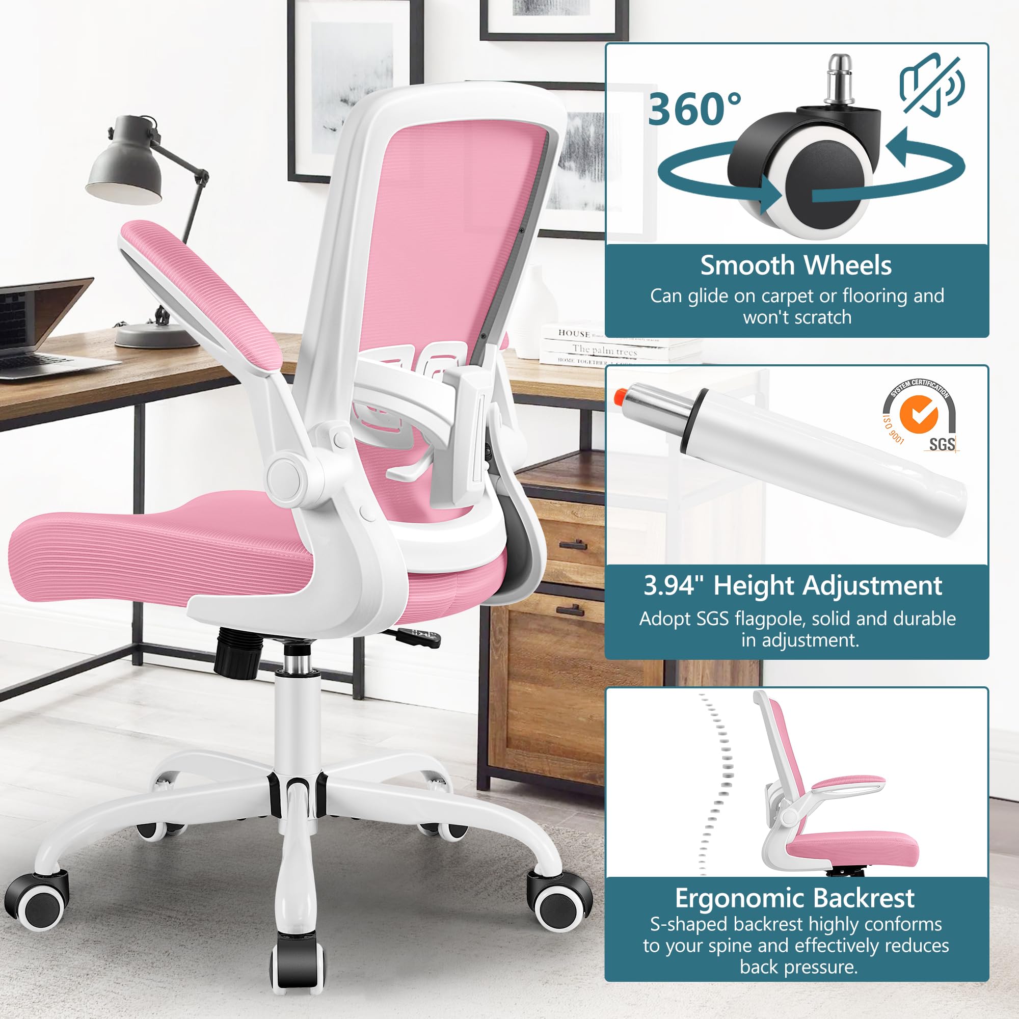 MINLOVE Office Chair Ergonomic Desk Chair with Adjustable Lumbar Support and Height, 90° Flip-up Armrests, Ergo Desk Chairs with Wheels, Home Work Use (Pink)