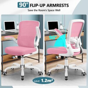 MINLOVE Office Chair Ergonomic Desk Chair with Adjustable Lumbar Support and Height, 90° Flip-up Armrests, Ergo Desk Chairs with Wheels, Home Work Use (Pink)