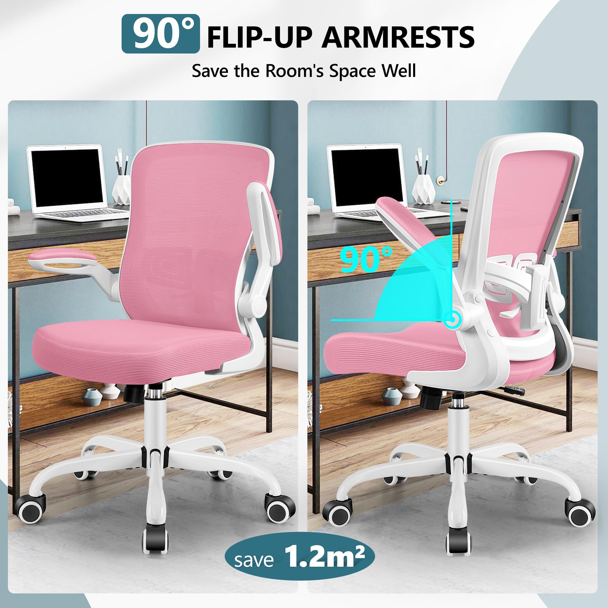 MINLOVE Office Chair Ergonomic Desk Chair with Adjustable Lumbar Support and Height, 90° Flip-up Armrests, Ergo Desk Chairs with Wheels, Home Work Use (Pink)