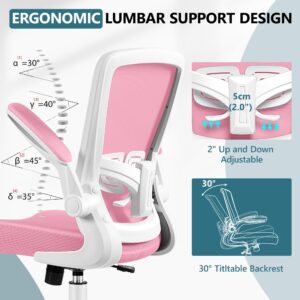 MINLOVE Office Chair Ergonomic Desk Chair with Adjustable Lumbar Support and Height, 90° Flip-up Armrests, Ergo Desk Chairs with Wheels, Home Work Use (Pink)