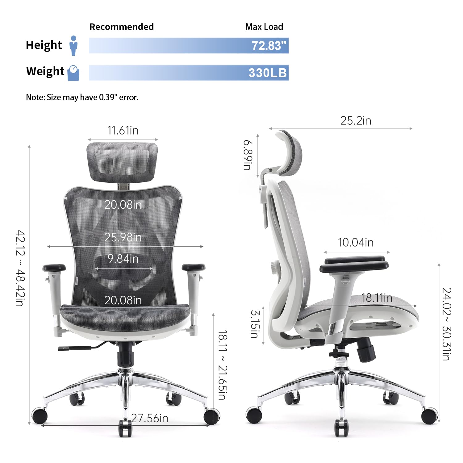 SIHOO M57 Ergonomic Office Chair with 3 Way Armrests Lumbar Support and Adjustable Headrest High Back Tilt Function Light Grey