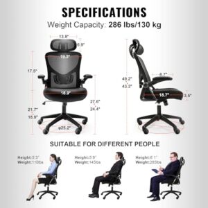 VEVOR Office Chair, High Back Ergonomic Desk Chair with Adjustable Lumbar Support & Headrest, 2D Armrest, Polypropylene Chair for Home Office, Black, 286 lbs Capacity