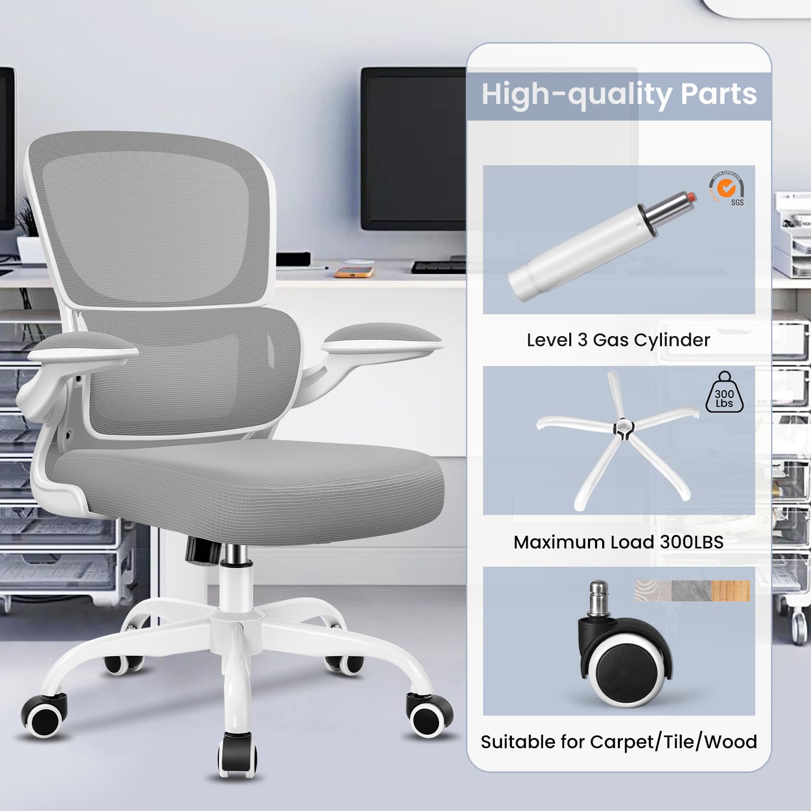 Razzor Office Chair, Ergonomic Desk Chair with Lumbar Support and Adjustable Armrests, Comfy Desk Chair Breathable Mesh Mid Back Computer Chair, Reclining Office Chair for Home Office - Light Gray